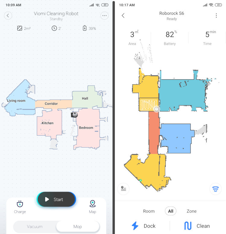 Viomi (Mi Home beta app) vs Roborock app: main screen comparison