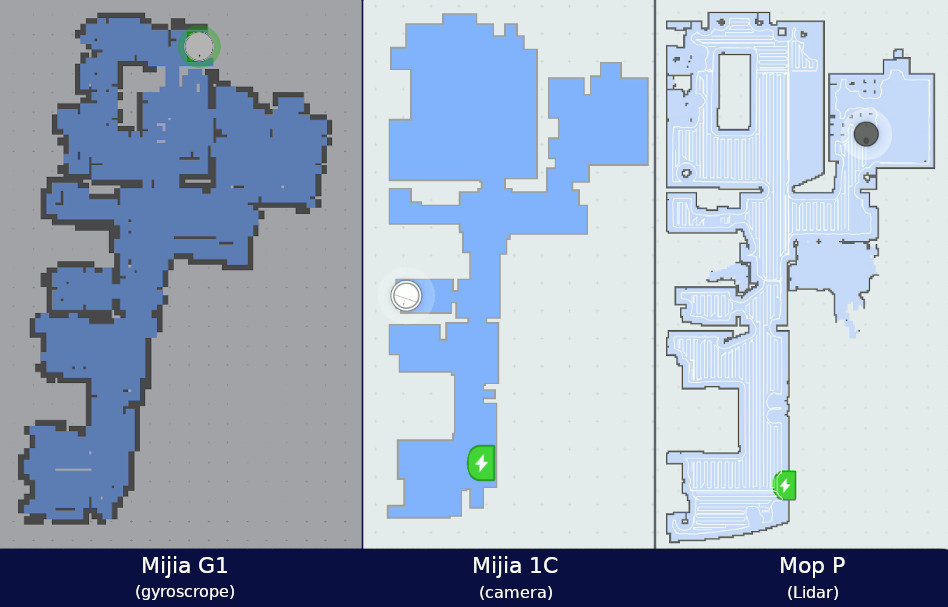 Xiaomi Mijia G1 vs. Mijia 1C vs. Mi Robot Vacuum Mop P maps comparison