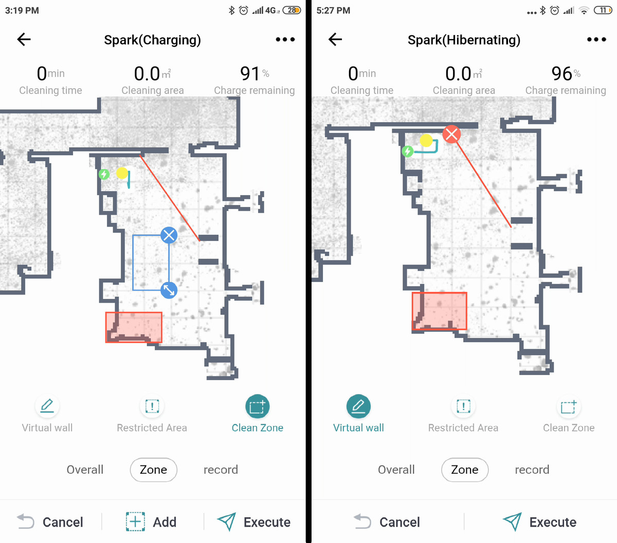 Zigma Spark app screenshot. Left: Zone cleaning setup. Right: restricted areas and virtual walls setup