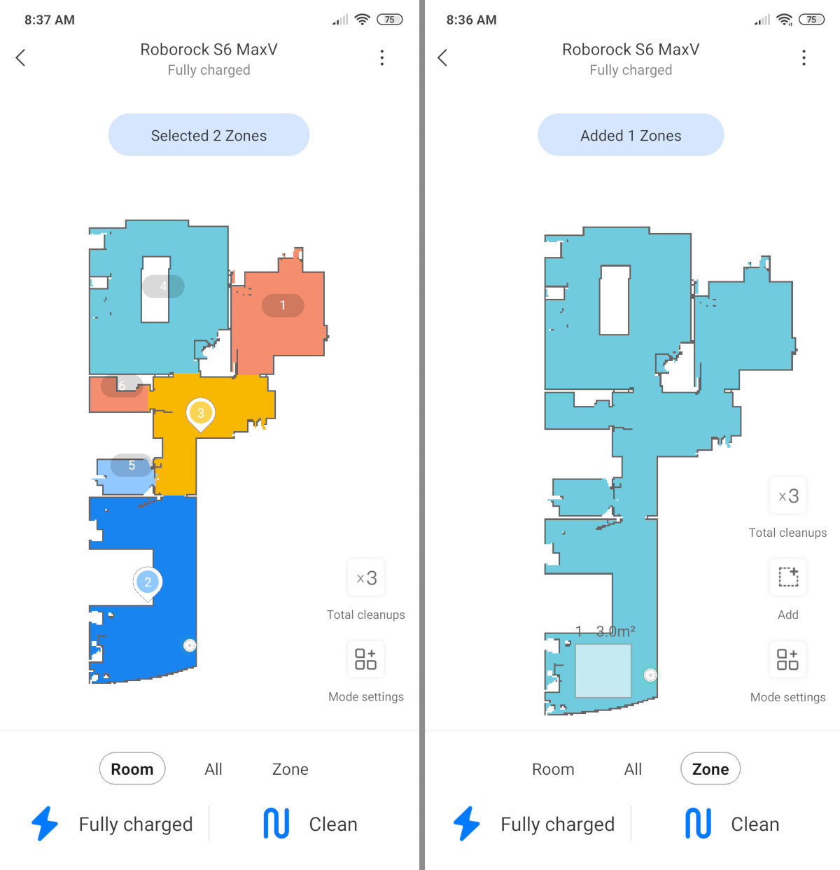 Roborock app: room cleaning (left) and zoned cleaning (right)